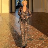 Women Sexy Deep V Neck See-Through Lace Slim Long Sleeve Long Dress