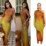 Summer Fashion Sexy Slash Shoulder Single Sleeve Gradient Color Slim Long Dress
