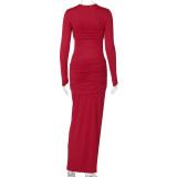 Fashion Sexy Slim Round Neck Long Sleeve Pleated Solid Color Long Dress