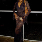 Women Sexy Deep V Neck See-Through Lace Slim Long Sleeve Long Dress