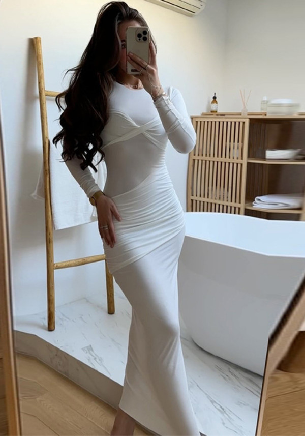 Fashion Sexy Slim Round Neck Long Sleeve Pleated Solid Color Long Dress