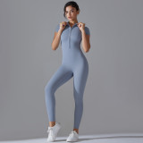 Pure Color Zipper Tight Fitting High Stretch Short-Sleeved Jumpsuit Sports Fitness Running Nine-Point Jumpsuit Yoga Clothing