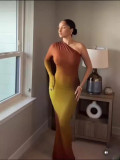 Summer Fashion Sexy Slash Shoulder Single Sleeve Gradient Color Slim Long Dress