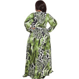 Summer Leopard Print Belted Wrap Neck Loose Plus Size Women's Dress