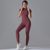 Pure Color Zipper Tight Fitting High Stretch Short-Sleeved Jumpsuit Sports Fitness Running Nine-Point Jumpsuit Yoga Clothing
