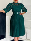 Women Solid lace hook flower hollow pleated dress