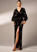 Women long sleeve V-neck sexy sequin Formal Party Maxi evening dress