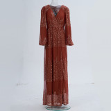 Long Sleeve V Neck Sexy Sequin Formal Party Evening Dress Bridesmaid Dress