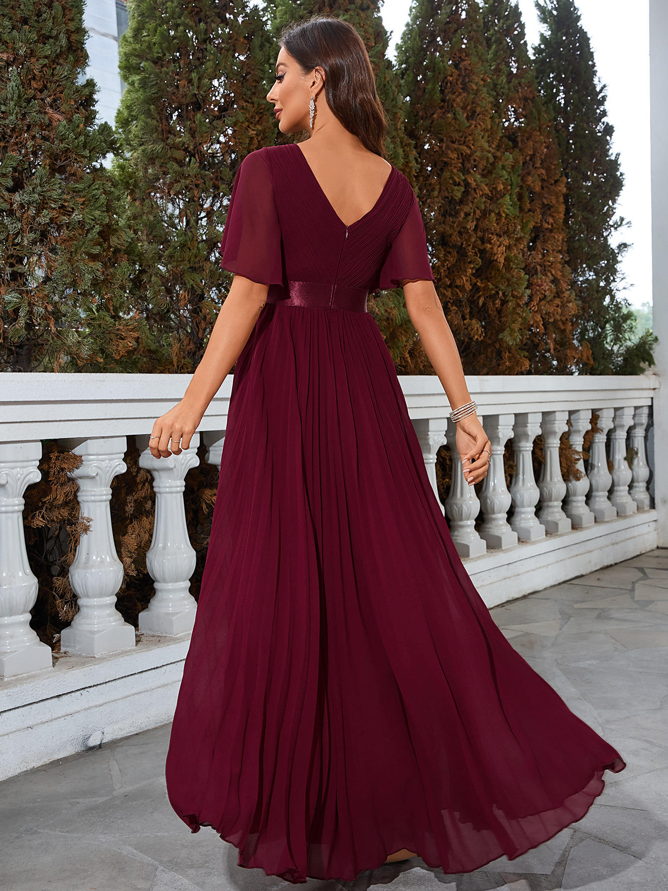 Women summer v-neck chiffon pleated evening dress