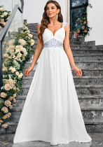 Women solid sequined suspender v-neck elegant backless chiffon formal party evening dress