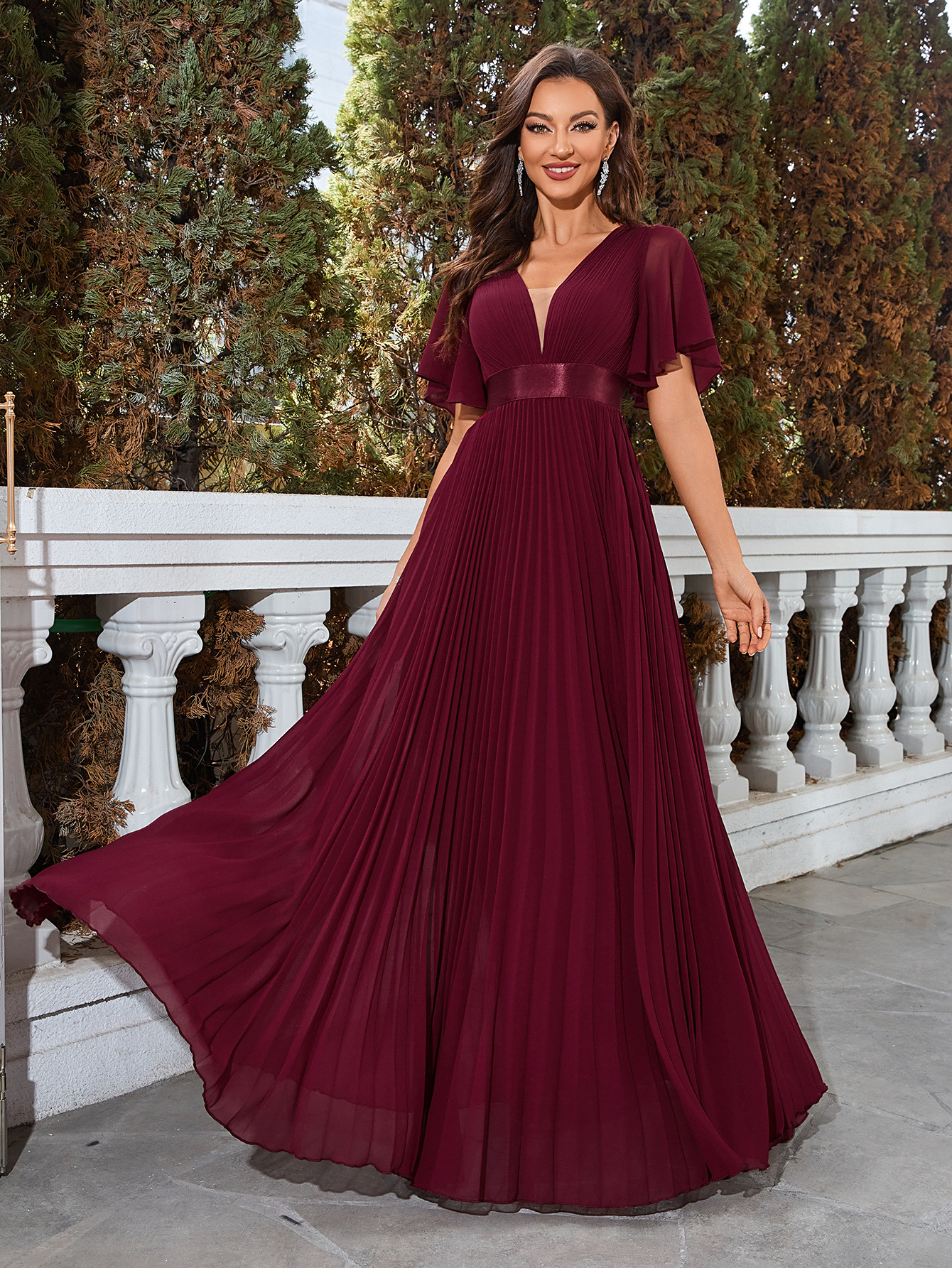 Women summer v-neck chiffon pleated evening dress