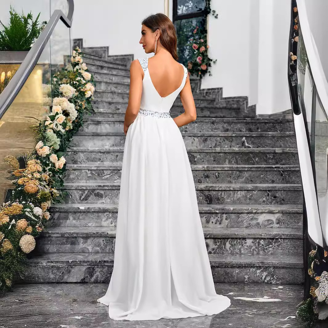 Women solid sequined suspender v-neck elegant backless chiffon formal party evening dress