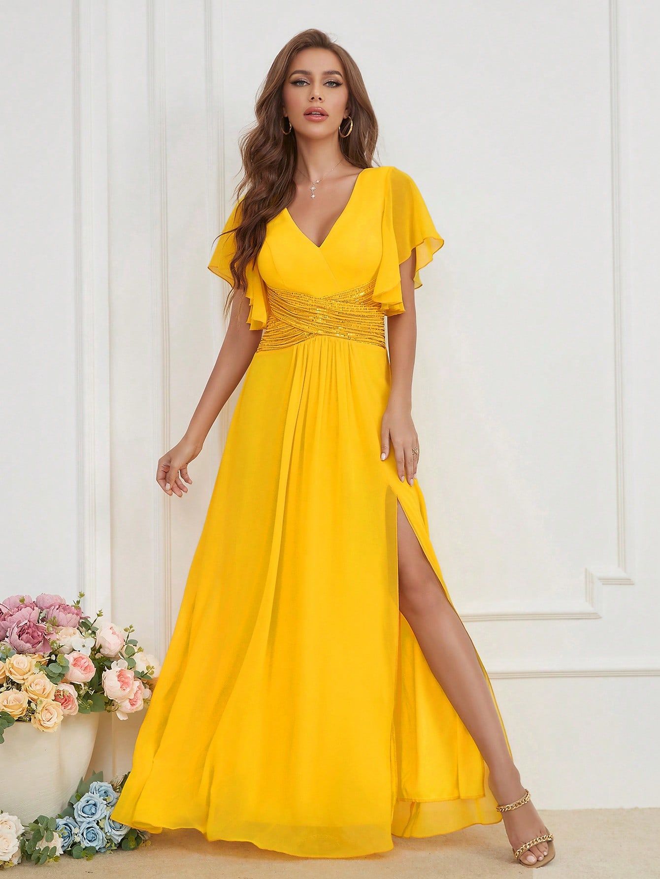 Women V-neck sequined patchwork chiffon evening dress