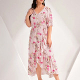 Plus size Women ruffled patchwork print v-neck short-sleeved dress