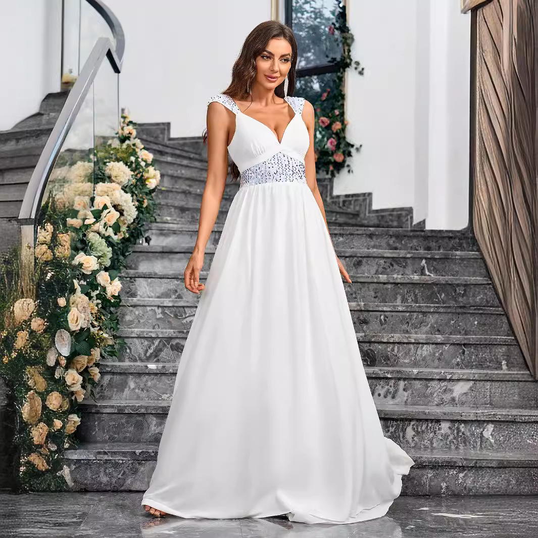 Women solid sequined suspender v-neck elegant backless chiffon formal party evening dress