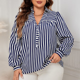 Women autumn polo collar blue and white striped shirt Top