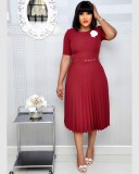Plus Size Women summer Round Neck African pleated dress with belt