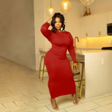 Fashion Women Solid Color Round Neck Long Sleeve Sexy Slim Long Dress