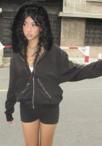 Women American Street Zipper Fur Collar Loose Long Sleeve Pocket Hoodies Women American Street Zipper Fur Collar Loose Long Sleeve Pocket Hoodies