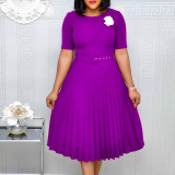 Plus Size Women summer Round Neck African pleated dress with belt