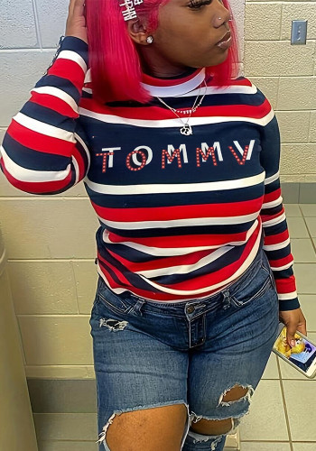 Women Stripe Letter Print Long Sleeve Letter Print Hoodies