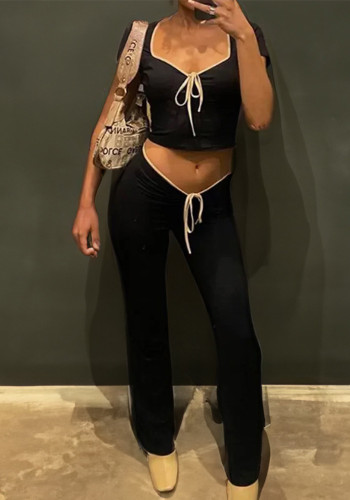 Women Autumn Sexy Crop Top Drawstring Wide-Leg Pants Two Piece Set