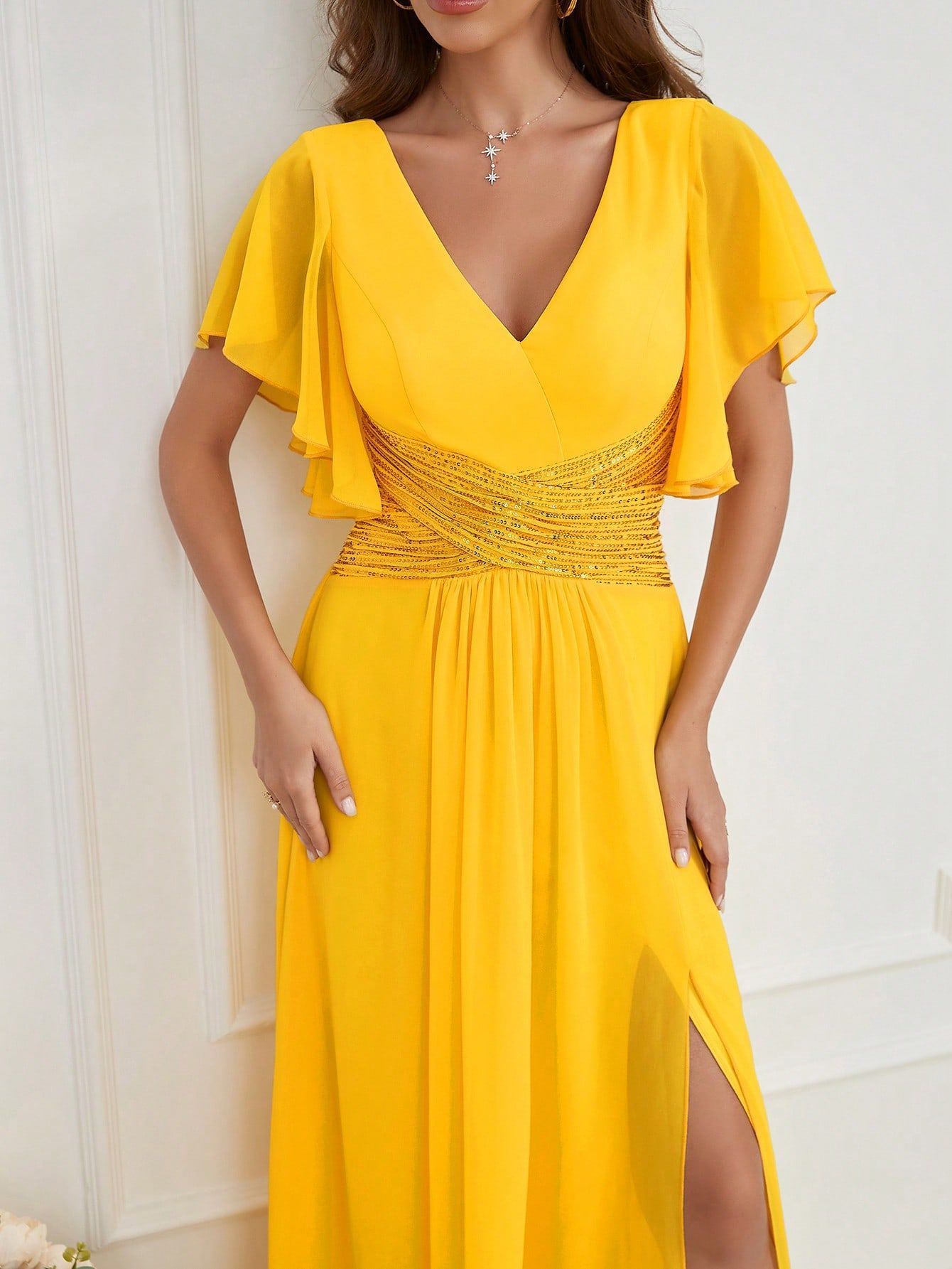 Women V-neck sequined patchwork chiffon evening dress