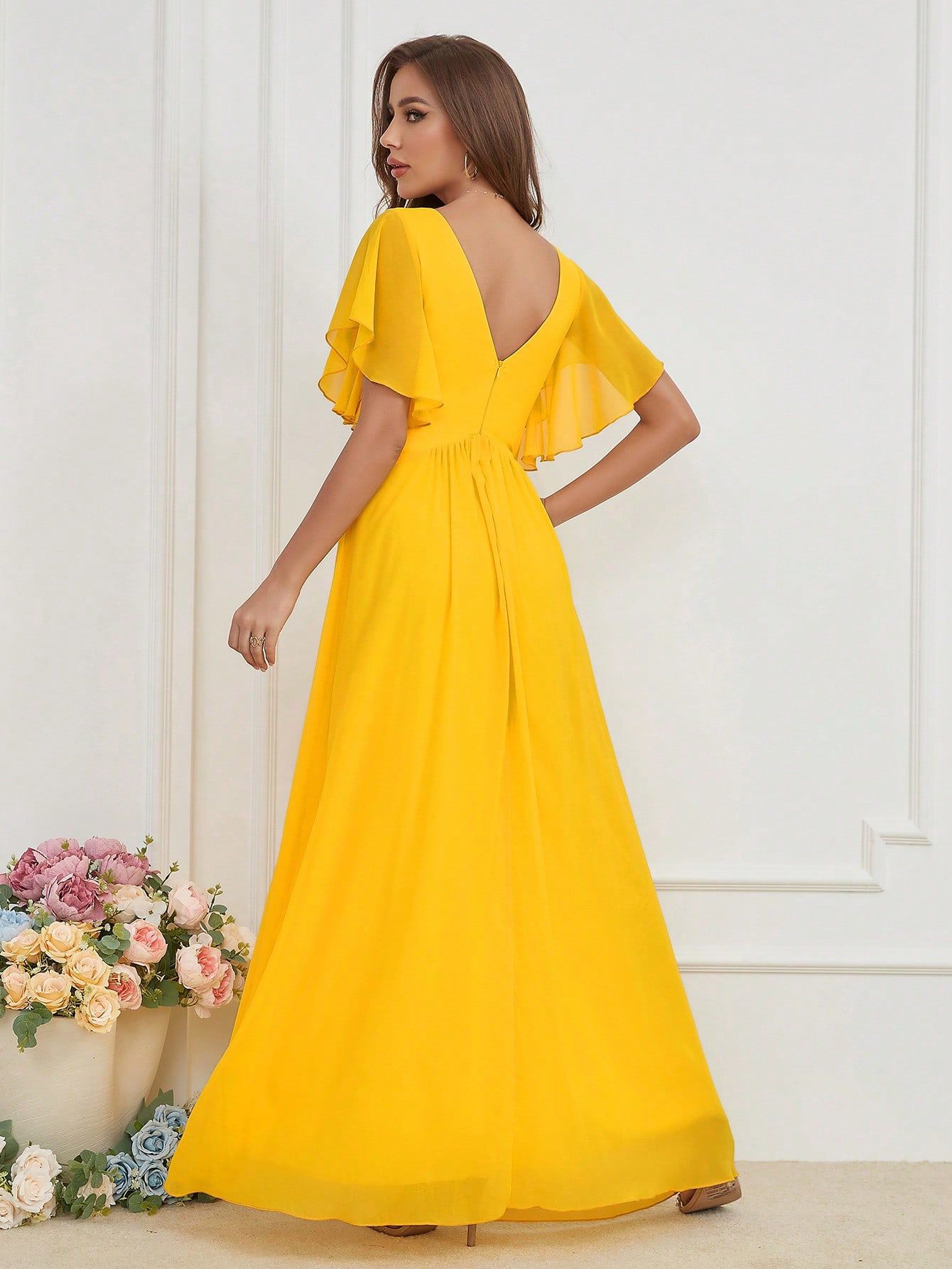 Women V-neck sequined patchwork chiffon evening dress