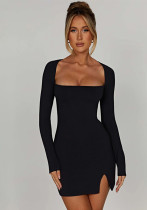 Women Solid Square Neck Long Sleeve Side Slit Hollow Backless Lace Mini Bodycon Dress Women Solid Square Neck Long Sleeve Side Slit Hollow Backless Lace Mini Bodycon Dress