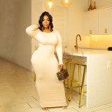 Fashion Women Solid Color Round Neck Long Sleeve Sexy Slim Long Dress