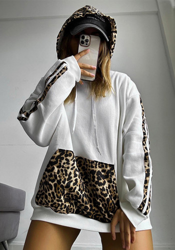 Women Leopard Patchwork Drawstring Pocket Loose Casual Hoodies