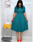 Plus Size Women summer Round Neck African pleated dress with belt