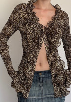 Women Sexy Ruffle Edge V Neck Animal Print Bell Bottom Sleeve Top