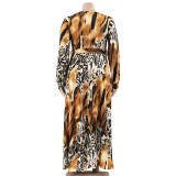 Summer Leopard Print Belted Wrap Neck Loose Plus Size Women's Dress