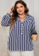 Women autumn polo collar blue and white striped shirt Top
