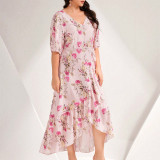 Plus size Women ruffled patchwork print v-neck short-sleeved dress