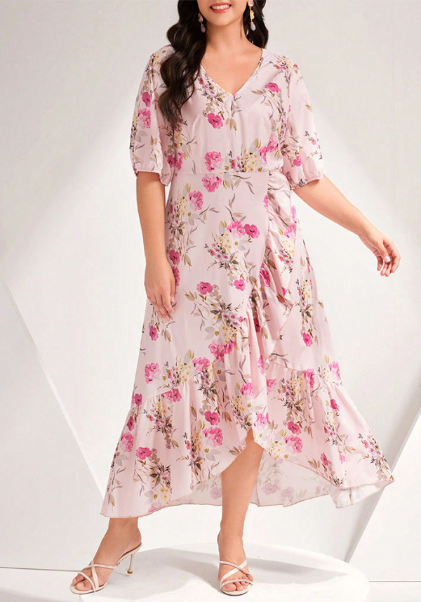 Plus size Women ruffled patchwork print v-neck short-sleeved dress