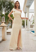 Women beige sequined elegant evening dress