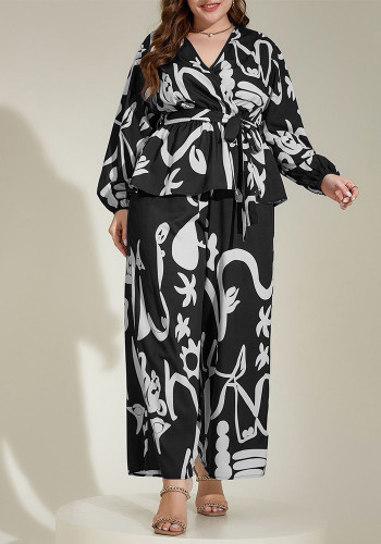 Plus size Women loose retro multi-color v-neck Career literary print shirt two piece set