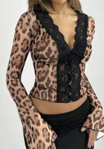 Women Leopard Lace Hollow Lace Sexy V-Neck T-Shirt Top