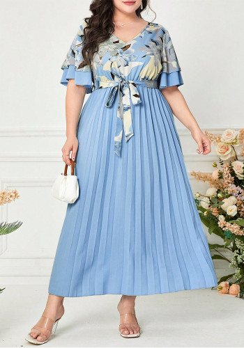 Plus size Women trendy pleated summer print v-neck dress
