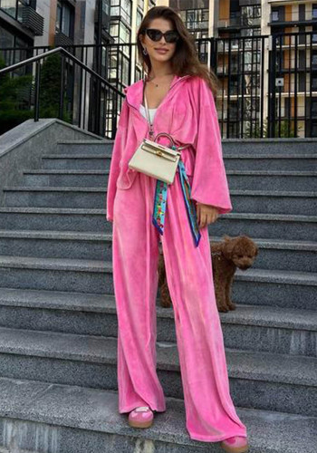 Women Casual Velvet zipper hooded top and wide-leg pants Two Piece Set