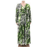 Summer Leopard Print Belted Wrap Neck Loose Plus Size Women's Dress