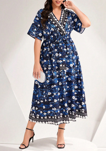 Women Spring Summer Blue Printed V-Neck Lace-Up Dress