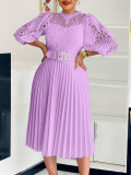 Women Solid lace hook flower hollow pleated dress