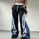 Women Contrast Stripe Patchwork Loose Wide Leg Pants