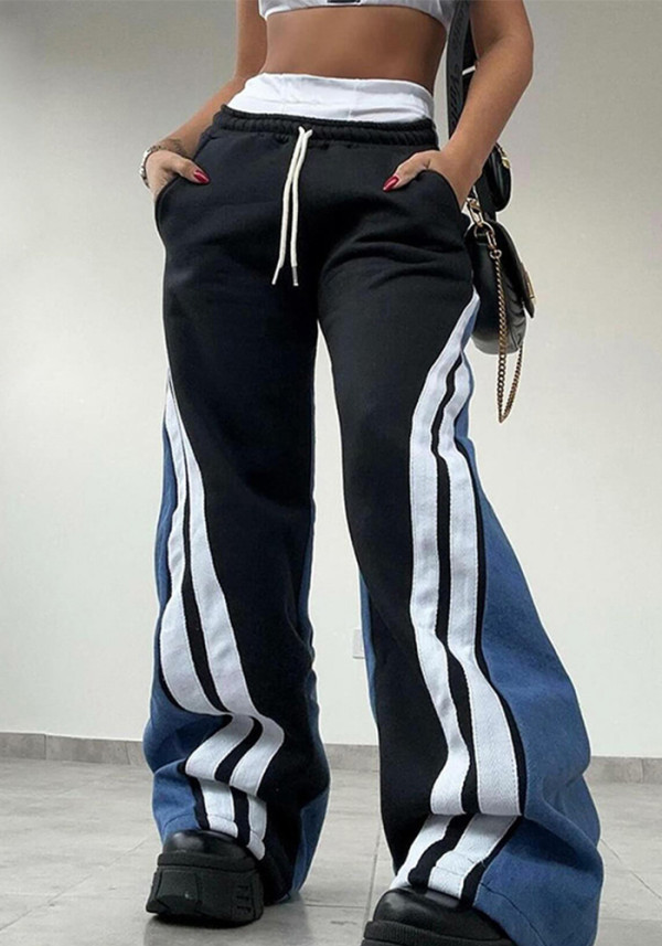 Women Contrast Stripe Patchwork Loose Wide Leg Pants