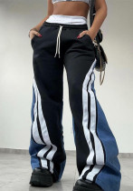 Women Contrast Stripe Patchwork Loose Wide Leg Pants Women Contrast Stripe Patchwork Loose Wide Leg Pants