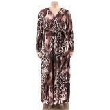 Summer Leopard Print Belted Wrap Neck Loose Plus Size Women's Dress