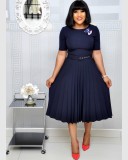 Plus Size Women summer Round Neck African pleated dress with belt